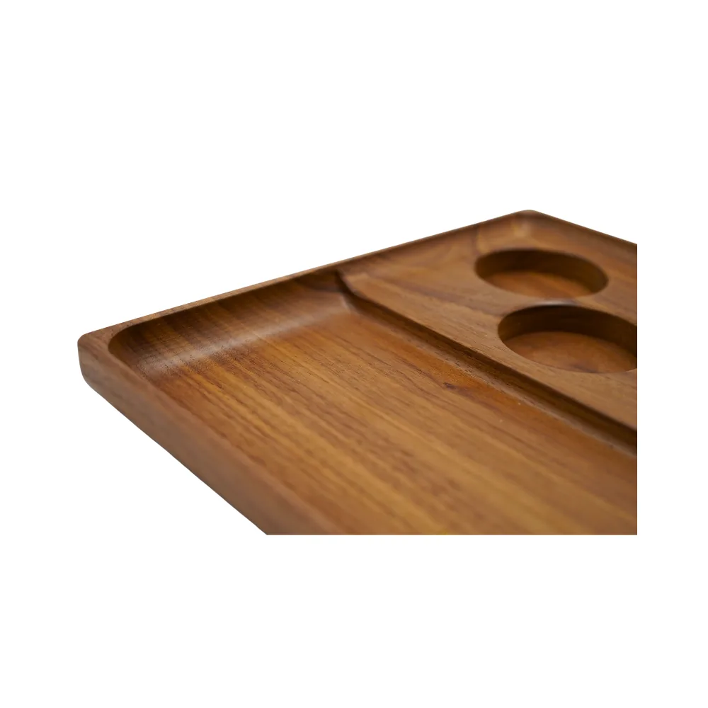 Linke Seitenansicht des Holz Rolling Tray Dab ’n Roll® Signature Sets mit Mischfläche und leeren Fächern